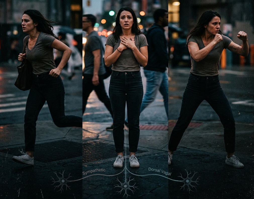 Illustration des réactions de combat, de fuite et de figement face à une situation perçue comme stressante.