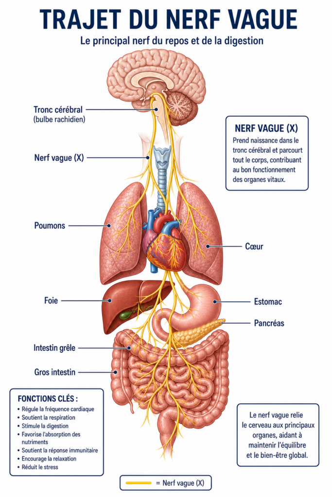Illustration du nerf vague reliant le cerveau aux organes du corps