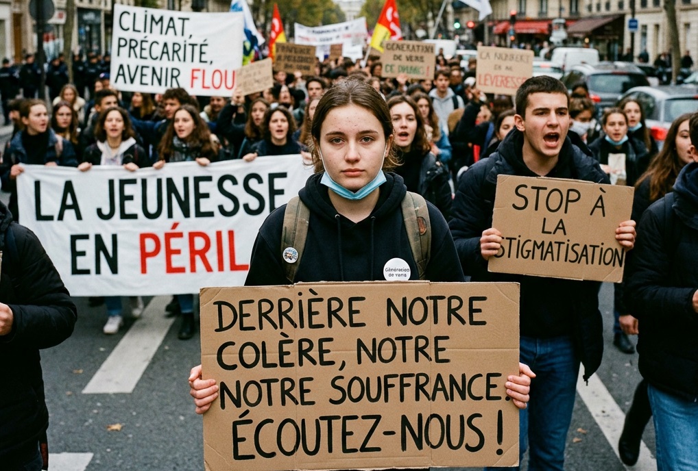 Des lycéens réunis lors d’une mobilisation, certains échangeant tandis que d’autres tiennent des pancartes.